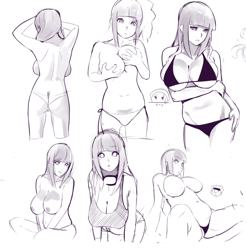 ass bikini blunt_bangs breasts butt_crack chibi chibi_inset cleavage grabbing_own_breast hime_cut huge_breasts hyuuga_hinata monochrome multiple_views naruto naruto_(series) nipples no_bra panties sho-n-d simple_background sketch swimsuit thighhighs topless underwear white_background