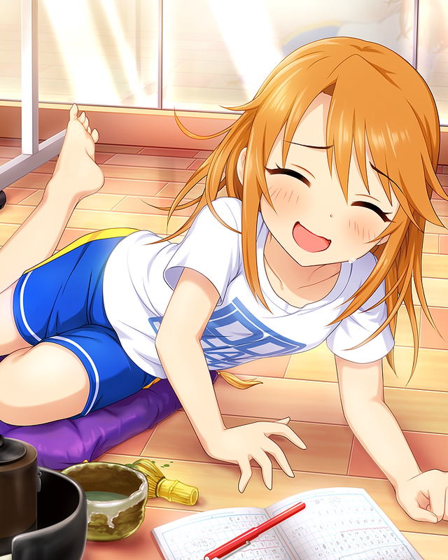 10s 1girl barefoot card_(medium) chasen feet female_focus idolmaster idolmaster_cinderella_girls official_art open_mouth orange_hair purple_eyes shirt short_hair shorts smile solo t-shirt yuuki_haru