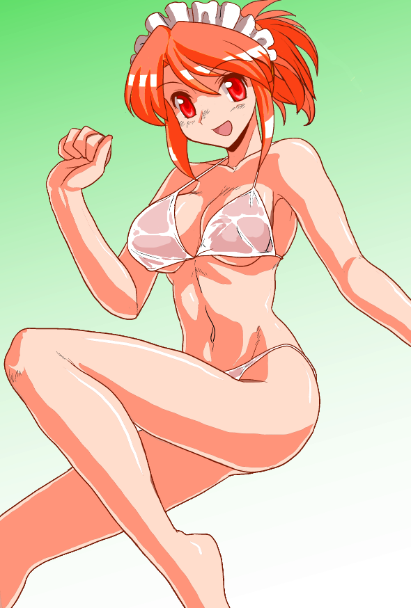 1girl :d bare_arms bare_legs bare_shoulders barefoot bikini breasts cleavage futaba_channel gradient_background groin hair_between_eyes hand_up kudoi maid_headdress medium_breasts midriff mono_(moiky) navel nijiura_maids open_mouth orange_hair ponytail red_eyes short_hair smile solo swimsuit underboob white_bikini