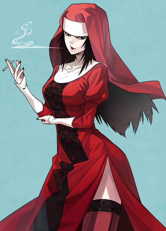 1girl black_hair cigarette female_focus goutokuji_rikako hokenshitsu_no_shinigami lace lace-trimmed_legwear lace_trim long_hair nun pale_skin red_thighhighs shimotsuki_eight side_slit simple_background smoking solo source_request thighhighs