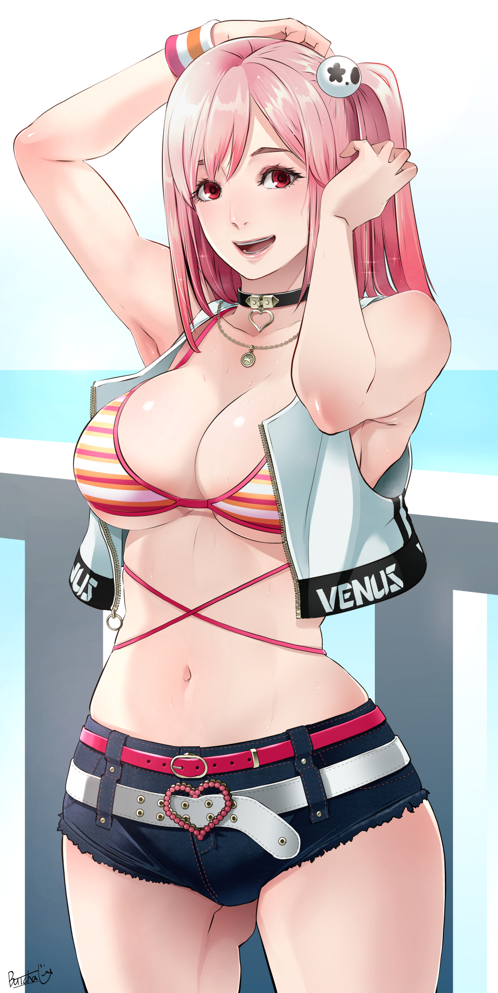 1girl arms_up belt belt_buckle bikini bikini_top_only black_shorts breasts buckle butcha-u cleavage commentary_request cowboy_shot dead_or_alive dead_or_alive_xtreme hair_ornament heart heart-shaped_buckle highres honoka_(doa) large_breasts looking_at_viewer navel one_side_up open_mouth pink_hair red_eyes short_shorts shorts signature skull_hair_ornament sleeveless sleeveless_jacket smile solo striped_bikini striped_clothes swimsuit venus_vacation_prism:_dead_or_alive_xtreme white_belt