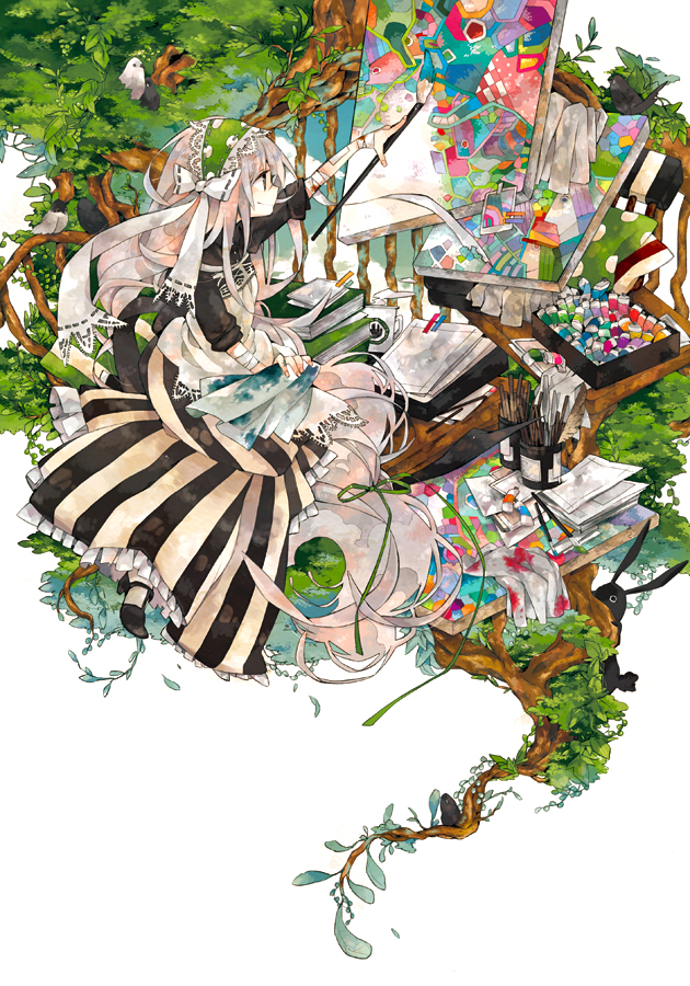 1girl art_brush bandages bird canvas_(object) dress female_focus harikamo nature oekaki_musume original paintbrush painting_(action) pink_hair shinsaibashih solo tree