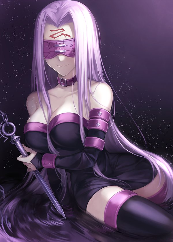 1girl bare_shoulders black_dress black_thighhighs blindfold breast_hold breasts cleavage collar collarbone detached_sleeves dress facial_mark fate/stay_night fate_(series) female_focus forehead_mark hair_intakes large_breasts long_hair looking_at_viewer medusa_(fate) medusa_(rider)_(fate) nail_(hardware) purple_hair short_dress smile solo strapless strapless_dress thighhighs very_long_hair wowishi