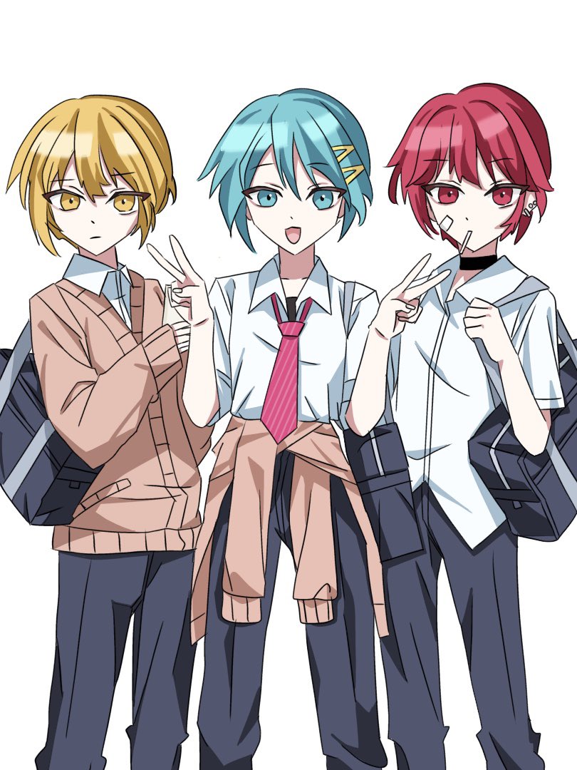 3boys akita_nero akita_neru bag black_choker black_pants blonde_hair blue_eyes blue_hair brown_sweater candy choker closed_mouth clothes_around_waist collared_shirt double_v ear_piercing eating food genderswap hair_ornament hatsune_miku hatsune_mikuo kasane_ted kasane_teto lollipop looking_at_viewer mouth_hold multiple_boys necktie pants piercing pink_necktie red_eyes red_hair ribbed_sweater school_uniform shirt short_hair short_sleeves shoulder_bag striped_necktie sweater sweater_around_waist utau uwu101016 v vocaloid white_shirt yellow_eyes