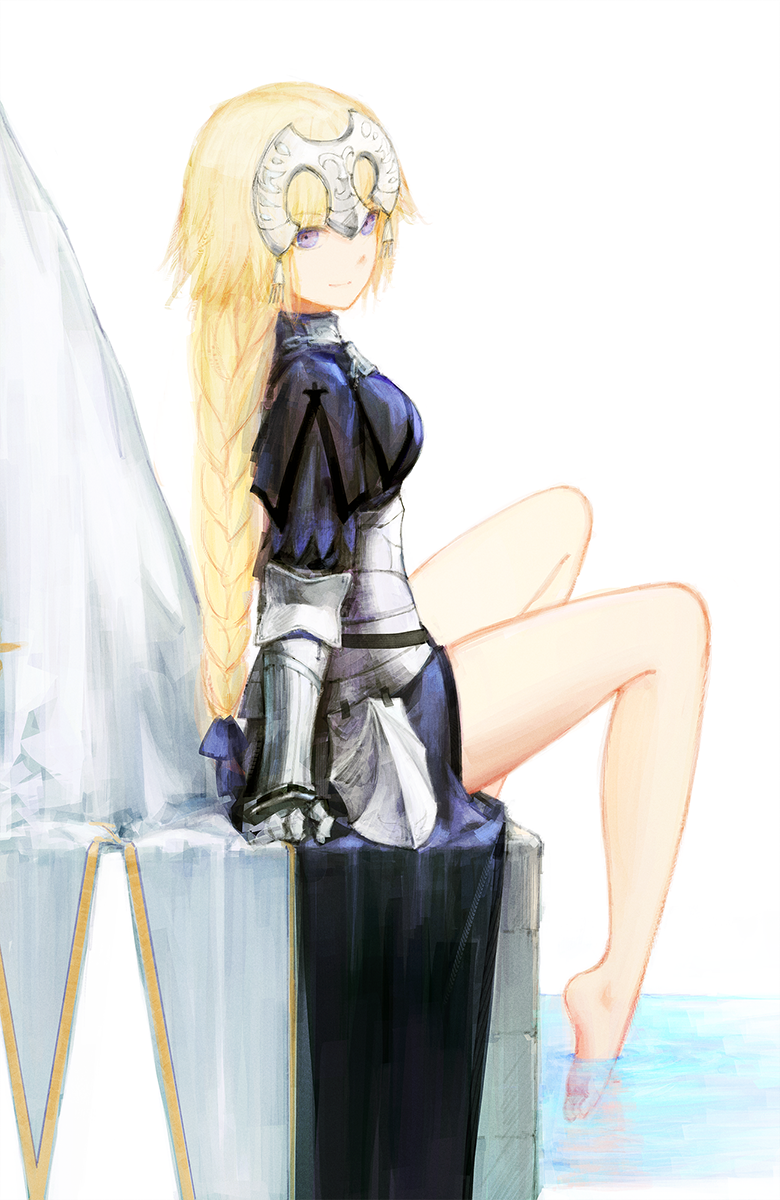 1girl armor bad_id bad_pixiv_id bare_legs barefoot blonde_hair braid breasts fate/apocrypha fate_(series) female_focus gauntlets helmet highres jeanne_d&#039;arc_(fate) jeanne_d&#039;arc_(ruler)_(fate) labombardier! long_hair looking_at_viewer purple_eyes sitting smile soaking_feet solo water