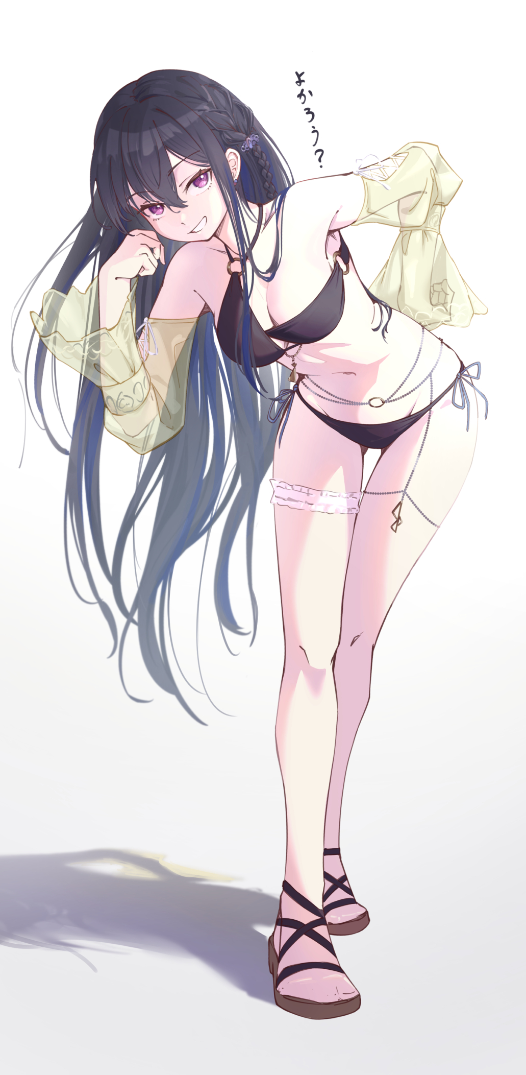 1girl asymmetrical_bikini bead_belt belly_chain belt bent_over bikini black_bikini black_hair blue_hair braid breasts cross-laced_clothes cross-laced_sleeves detached_sleeves grin hair_between_eyes hair_ornament hairpin hand_on_own_hip highres ichinose_uruha ichinose_uruha_(vspo!_summer_2024) jewelry long_hair long_sleeves looking_at_viewer medium_breasts multicolored_hair navel o-ring o-ring_belt o-ring_bikini o-ring_top purple_eyes see-through_clothes see-through_sleeves side-tie_bikini_bottom side_braid smile solo streaked_hair swimsuit thigh_beads ury very_long_hair virtual_youtuber vspo! white_background yellow_sleeves