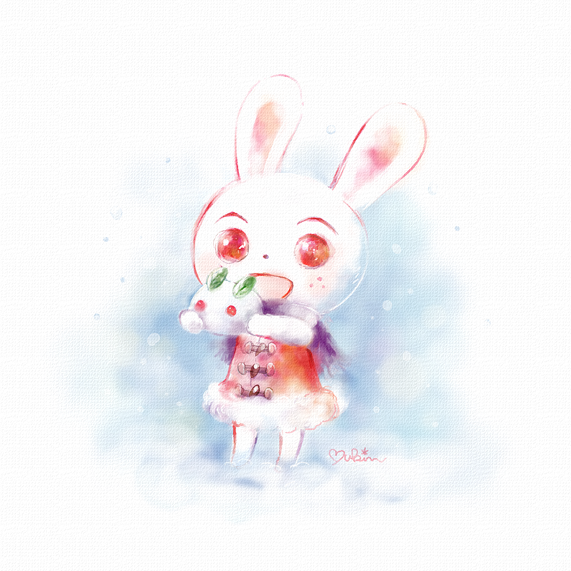 1girl animal_crossing animal_ears artist_name female_focus freckles fur_trim furry furry_female iceberg_horn nintendo open_mouth rabbit rabbit_ears red_eyes ruby_(animal_crossing) scarf snow_rabbit snowing solo