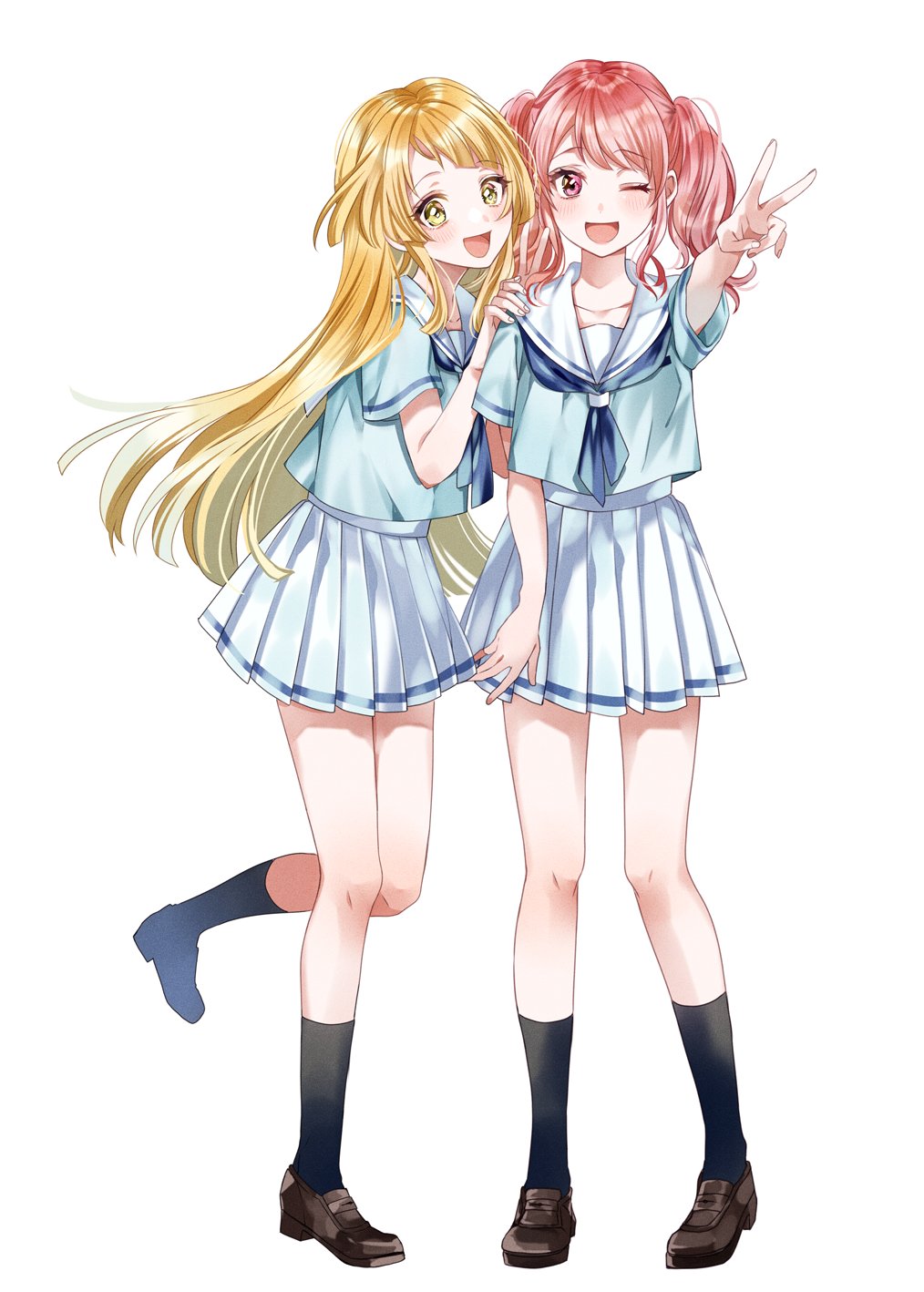 2girls :d ;d akaneya-ya bang_dream! black_legwear blonde_hair blue_neckerchief blue_skirt blush brown_footwear commentary_request diagonal_bangs full_body hanasakigawa_school_uniform hand_on_another&#039;s_shoulder highres loafers long_hair looking_at_viewer maruyama_aya medium_hair miniskirt multiple_girls neckerchief one_eye_closed open_mouth pink_eyes pink_hair pleated_skirt sailor_collar school_uniform serafuku shoes short_sleeves short_twintails sidelocks simple_background skirt smile socks standing swept_bangs tsurumaki_kokoro twintails v very_long_hair white_background yellow_eyes