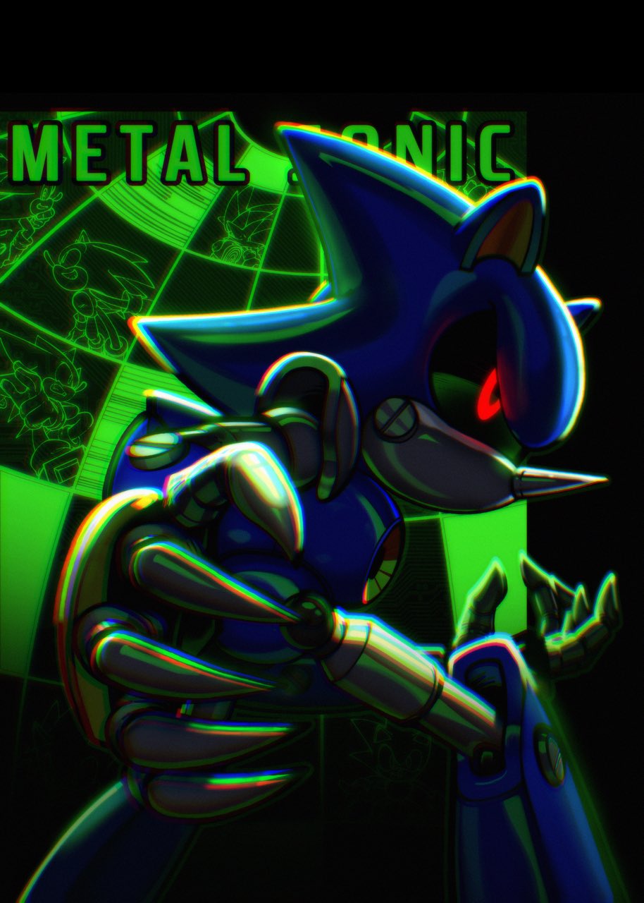 1boy animal_ears armor black_sclera blue_armor character_name chromatic_aberration claws colored_sclera dark_background feet_out_of_frame from_side full_body green_light hands_up hedgehog_boy highres humanoid_robot male_focus metal_sonic monitor pointy_nose profile red_eyes robot sammytighe solo sonic_(series) sonic_the_hedgehog standing