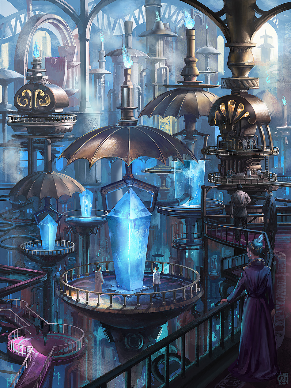 1girl 6+boys black_hair black_robe black_shirt building commentary_request crystal dress fantasy hair_ornament highres indoors jacket machine multiple_boys multiple_others noba original purple_dress railing robe scenery shirt short_hair standing white_jacket white_robe