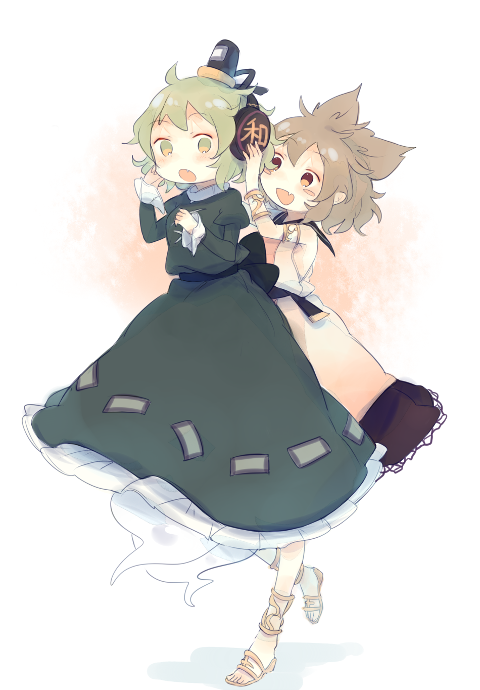 2girls ashiyu_(ashu-ashu) back_bow bare_shoulders belt black_belt black_bow black_hat black_skirt blush blush_stickers bow bracelet dress earmuffs flying frills full_body ghost_tail gold_bracelet gold_footwear green_dress green_eyes green_hair hair_between_eyes hands_up hat highres jewelry juliet_sleeves light_brown_hair long_sleeves looking_at_another multiple_girls open_mouth pointy_ears puffy_sleeves sailor_collar sandals shadow short_hair simple_background skirt sleeveless sleeveless_dress smile soga_no_tojiko standing standing_on_one_leg tate_eboshi touhou toyosatomimi_no_miko white_background white_dress yellow_eyes