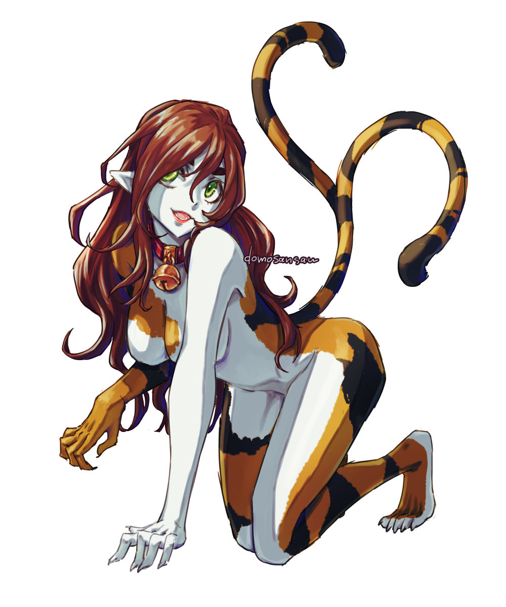 1girl :d bell breasts brown_hair cat_girl cat_tail collar devil_summoner_(series) fangs fingernails forked_tail full_body green_eyes hair_between_eyes highres jingle_bell long_hair medium_breasts neck_bell nekomata_(megami_tensei) open_mouth pointy_ears red_collar red_lips sharp_fingernails sharp_toenails shinabita_nasubi sideways_glance simple_background smile solo striped_tail tail tail_raised toenails white_background