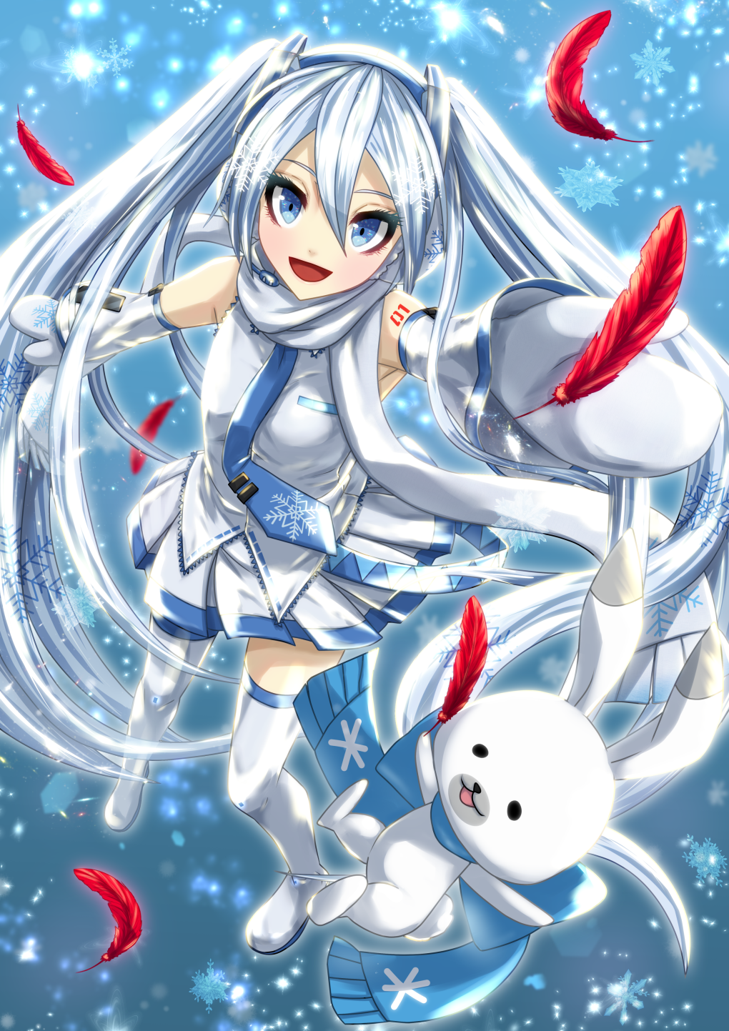 1girl absurdly_long_hair amatuka_hitomi anniversary aqua_eyes aqua_hair aqua_neckwear artist_name artist_request bare_shoulders blue_eyes blue_hair blue_neckwear boots breasts detached_sleeves earmuffs feathers female_focus full_body gloves gradient_hair hair_ornament hatsune_miku headphones headset high_heel_boots high_heels highres layered_skirt long_hair long_twintails microphone miniskirt mittens multicolored_hair number_tattoo parted_lips plaid_clothes plaid_skirt pleated pleated_skirt print_neckwear rabbit_yukine reaching reaching_towards_viewer red_feathers scarf shirt short_sleeves shoulder_tattoo sidelocks skirt sleeveless sleeveless_shirt small_breasts smile snow snowflake_hair_ornament snowflake_print snowflakes snowing solo tattoo thigh_boots thighhighs tie_clip twintails very_long_hair vocaloid weather white_footwear white_gloves white_mittens white_scarf white_shirt white_skirt white_sleeves white_thighhighs yuki_miku yuki_miku_(2011) zettai_ryouiki