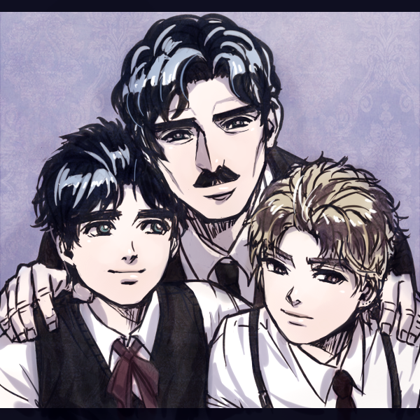 3boys blonde_hair blue_hair dio_brando facial_hair father_and_son george_joestar jojo_no_kimyou_na_bouken jonathan_joestar letterboxed male_focus multiple_boys mustache ot_(dog_wasd)