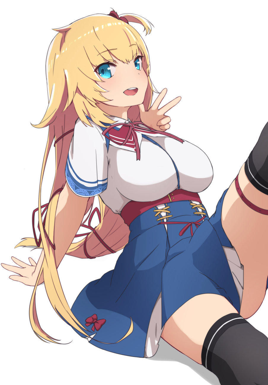 1girl akai_haato akai_haato_(1st_costume) bad_id bad_pixiv_id black_thighhighs blonde_hair blue_eyes blue_skirt breasts hair_bobbles hair_ornament high-waist_skirt highres hololive large_breasts leaning_back long_hair looking_at_viewer neck_ribbon open_mouth red_ribbon ribbon shirt short_sleeves sidelocks simple_background sitting skirt smile solo sonri teeth thigh_strap thighhighs upper_teeth_only v virtual_youtuber white_background white_shirt