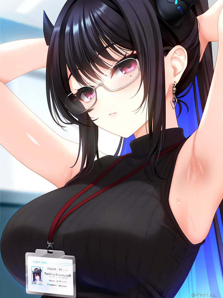 1girl alternate_costume armpits arms_up black_hair black_horns black_shirt blue_hair breasts closed_mouth colored_inner_hair commentary demon_horns earrings english_commentary glasses gradient_hair highres hololive hololive_english horns id_card irori_(irorixc) jewelry lanyard large_breasts long_hair looking_at_viewer mole mole_under_eye multicolored_hair nerissa_ravencroft office_lady pink_eyes shirt sleeveless sleeveless_turtleneck solo sweat turtleneck virtual_youtuber