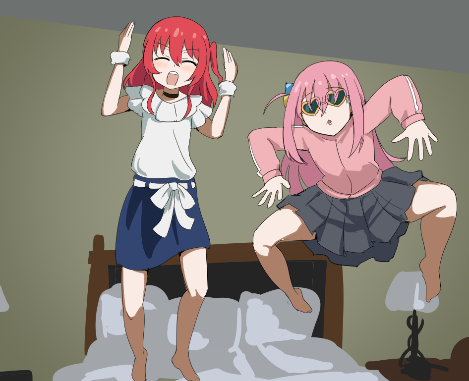 2girls :3 :d ^_^ arm_up barefoot bed bedroom blue_skirt bocchi_the_rock! closed_eyes commentary_request feet gotoh_hitori grey_skirt hands_up heart heart-shaped_eyewear indoors jacket jumping kita_ikuyo lamp long_hair meme multiple_girls nightstand open_mouth photo-referenced pink_hair pleated_skirt purple_jacket scrunchie shirt sketch skirt smile sunglasses teeth tenten_(chan4545) track_jacket upper_teeth_only white_scrunchie white_shirt wrist_scrunchie yellow-framed_eyewear youkai_gyaru_(meme)