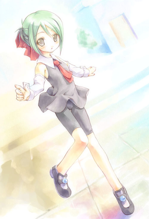 00s 1girl aino_ai aria_(manga) bike_shorts brown_eyes detached_sleeves dutch_angle female_focus green_hair hair_ribbon ribbon short_hair solo standing takoyaki_(roast)