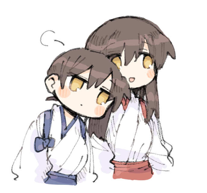 2girls akagi_(kancolle) black_hair blue_hakama blush chibi closed_mouth commentary_request cropped_torso dot_mouth hakama ina_(1813576) japanese_clothes kaga_(kancolle) kantai_collection kimono leaning_on_person long_hair multiple_girls open_mouth puff_of_air red_hakama side_ponytail simple_background tasuki white_background white_kimono yellow_eyes