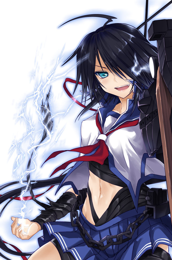 10s 1girl ahoge armband black_hair electricity female_focus gradient_background green_eyes kako_(kancolle) kako_kai_ni_(kancolle) kantai_collection lightning_bolt_symbol machinery navel school_uniform serafuku solo sumeragi_hamao