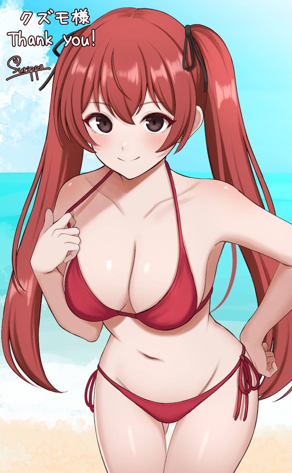 1girl bare_arms beach bikini blue_sky breasts brown_eyes cleavage closed_mouth cloud collarbone commentary_request day fire_emblem fire_emblem_fates hair_ribbon hand_on_own_hip highres horizon long_hair medium_breasts navel nintendo ocean outdoors red_bikini red_hair ribbon selena_(fire_emblem_fates) severa_(fire_emblem) sky smile solo standing surippa1010 swimsuit twintails