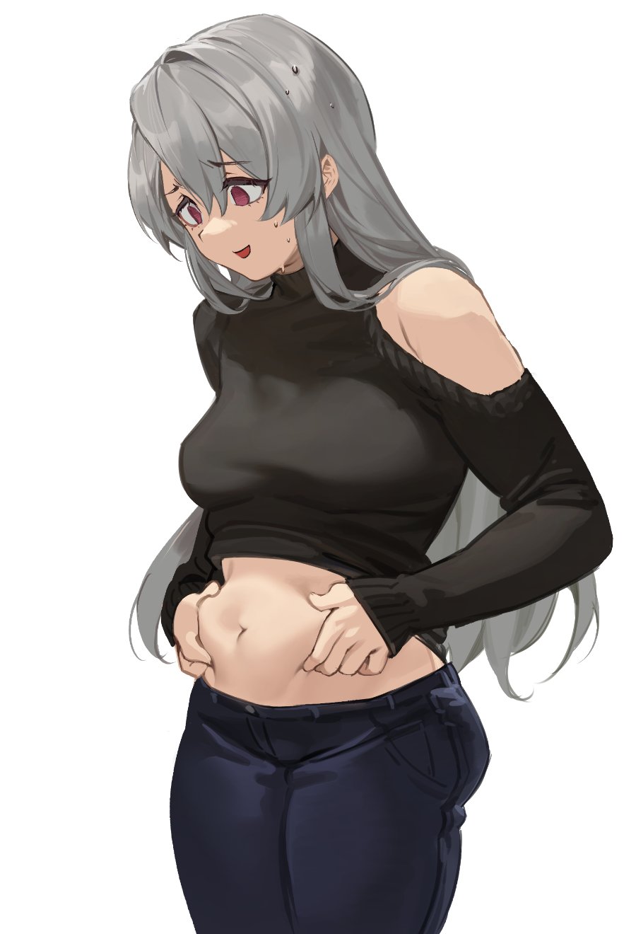 1girl belly_grab black_pants black_sweater breasts clothing_cutout commentary cowboy_shot grabbing_own_stomach grey_hair hair_between_eyes highres long_hair medium_breasts navel open_mouth original pants plump red_eyes rff_(3_percent) shoulder_cutout simple_background solo sweat sweater weight_conscious white_background