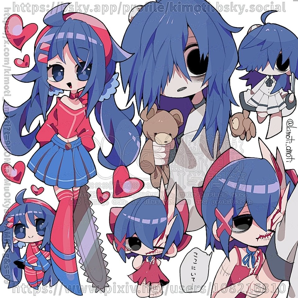 3girls :d ahoge arms_behind_back black_eyes blood blue_eyes blue_footwear blue_hair blue_scrunchie blue_skirt bright_pupils chainsaw chibi chibi_mita_(miside) choker clenched_teeth closed_mouth crazy_mita_(miside) creepy_mita_(miside) cropped_torso double_horizontal_stripe dress empty_eyes full_body hair_between_eyes hair_ornament hair_over_one_eye hair_scrunchie hairband hashtag-only_commentary heart holding holding_chainsaw holding_knife holding_stuffed_toy kimoti_omoti knife long_hair long_sleeves looking_at_viewer low_twintails miside mita_(miside) multiple_girls multiple_persona multiple_views no_pupils open_mouth red_choker red_hairband red_shirt red_thighhighs scrunchie shirt simple_background skirt smile standing stuffed_animal stuffed_toy teddy_bear teeth thighhighs tiny_mita_(miside) twintails watermark web_address white_background white_dress x_hair_ornament zettai_ryouiki