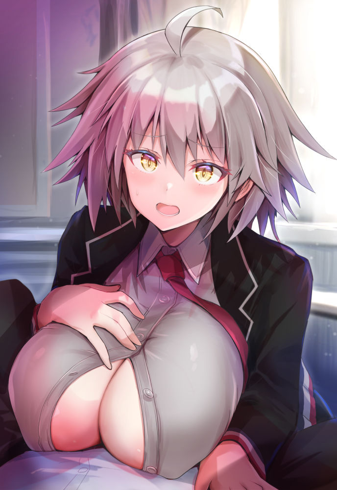 1boy 1girl ahoge areola_slip asahi_(fullmetal_madness) black_jacket blush breasts cleavage collared_shirt fate/grand_order fate_(series) grey_hair implied_paizuri jacket jeanne_d&#039;arc_alter_(fate) large_breasts long_sleeves looking_at_viewer necktie open_mouth school_uniform shirt short_hair white_shirt yellow_eyes