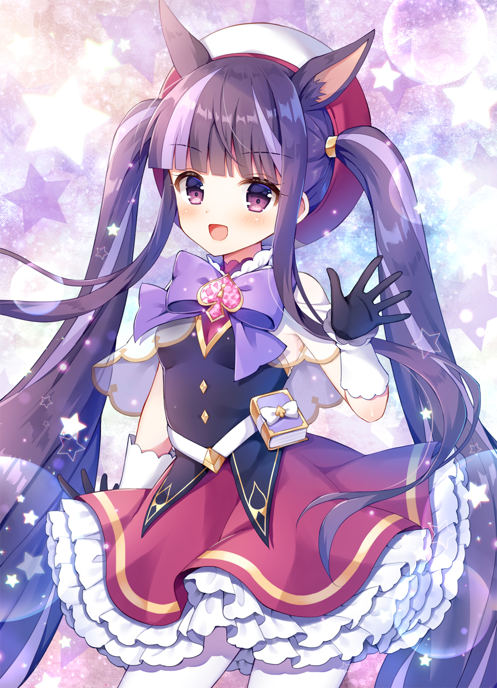 1girl :d animal_ear_fluff animal_ears bare_shoulders black_gloves black_shirt blunt_bangs blush bow commentary_request frilled_skirt frills gloves hat highres kasumi_(magical_girl)_(princess_connect!) kasumi_(princess_connect!) keyhole long_hair looking_at_viewer mauve multicolored_hair open_mouth pantyhose princess_connect! purple_bow purple_eyes purple_hair red_hat red_skirt shirt skirt sleeveless sleeveless_shirt smile solo spade_(shape) star_(symbol) star_symbol_background twintails two-tone_hair very_long_hair white_hat white_pantyhose