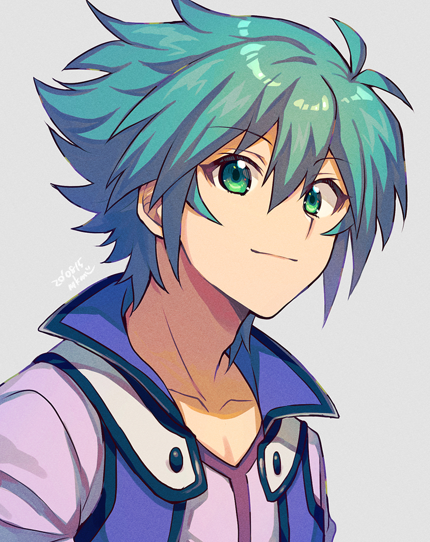 1boy aqua_hair closed_mouth collarbone dated green_eyes grey_background hair_between_eyes johan_andersen male_focus mikami_(mkm0v0) purple_shirt shirt short_hair simple_background smile solo spiked_hair upper_body yu-gi-oh! yu-gi-oh!_gx