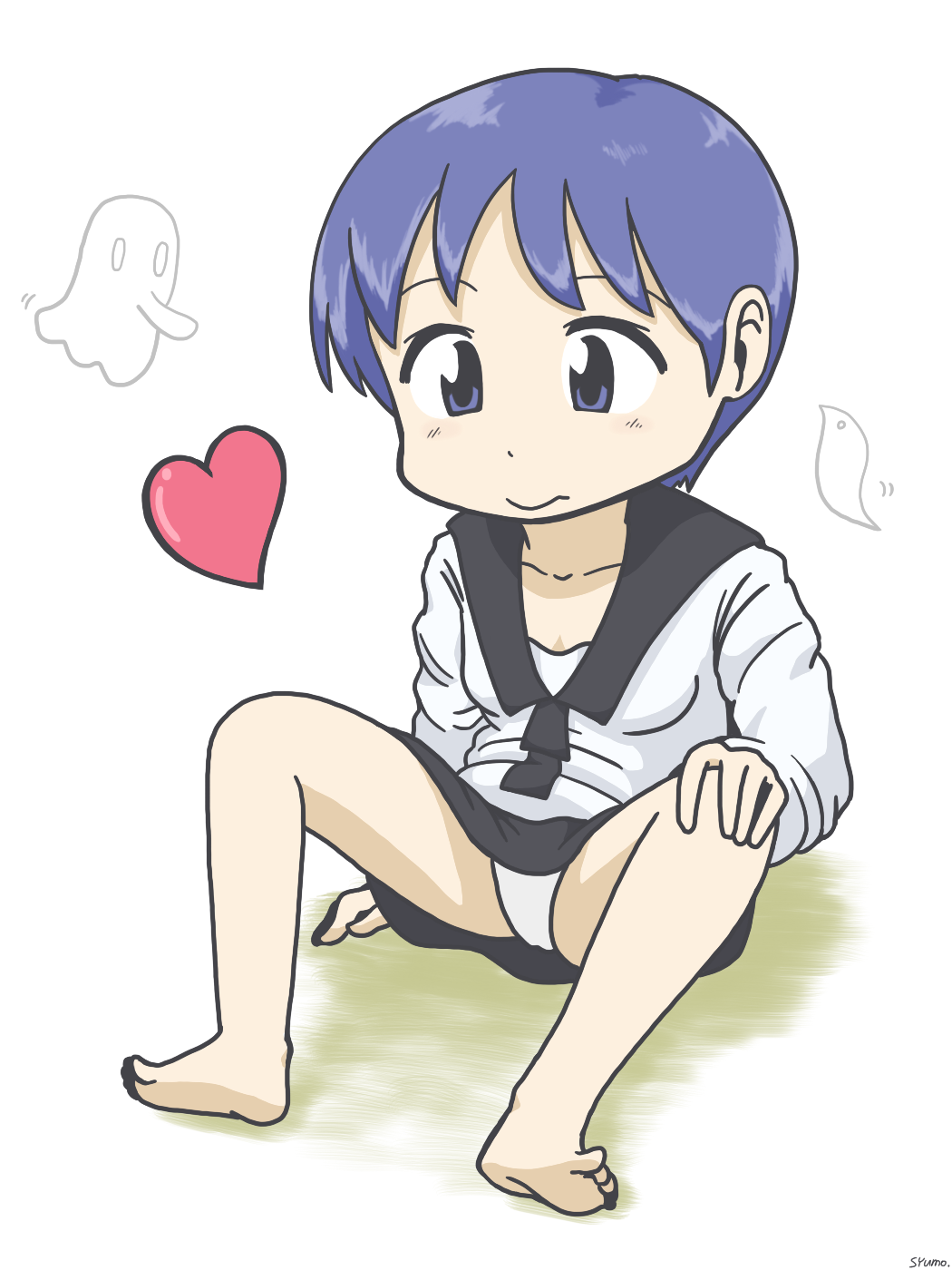 barefoot ghost heart heart_(symbol) highres mogura_(nichijou) nichijou panties purple_eyes purple_hair spread_legs tanabo_(nichijou) underwear upskirt