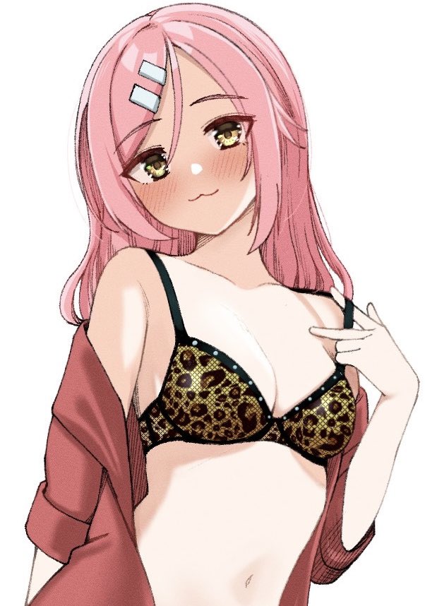 1girl :3 animal_print bare_shoulders blush bra bra_pull breasts cleavage closed_mouth clothes_pull collarbone commentary_request hair_between_eyes hair_ornament hairclip hand_up head_tilt long_hair long_sleeves looking_at_viewer medium_breasts navel open_clothes open_shirt pink_hair pulling_own_clothes red_shirt sanoba_witch shirt simple_background smile solo souma_nanao straight_hair tft_(tft7822) tiger_print tsurime underwear upper_body white_background yellow_eyes