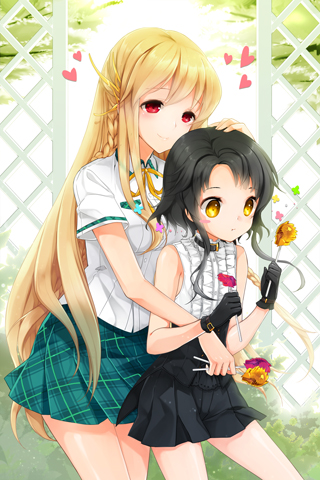 2girls black_hair blonde_hair blush_stickers braid candy eating food gloves heart holding juna lollipop long_hair lowres lyrica multiple_girls parted_bangs plaid_clothes plaid_skirt pleated_skirt red_eyes school_uniform short_hair short_hair_with_long_locks short_sleeves side_braid sita_vilosa skirt smile sword_girls very_long_hair yellow_eyes