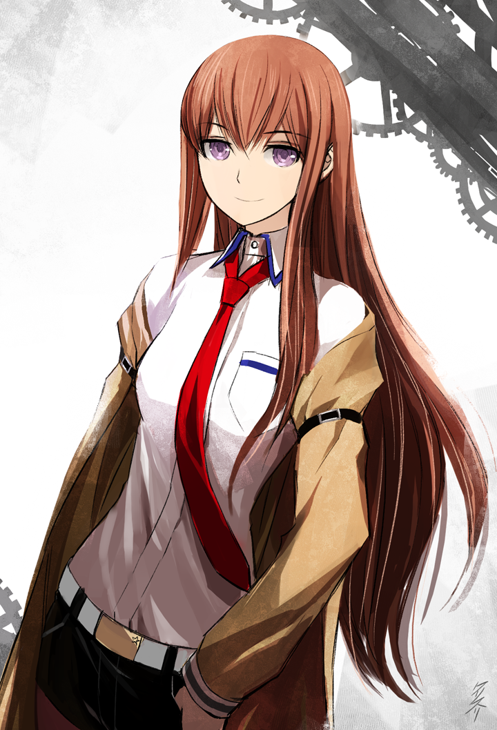 1girl belt brown_hair coat dress_shirt female_focus kriss_sison light_smile long_hair long_sleeves makise_kurisu necktie off_shoulder pantyhose pantyhose_under_shorts purple_eyes red_necktie shirt short_shorts shorts solo steins;gate