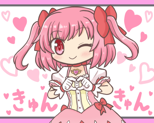 1girl ;) bad_id bad_twitter_id bubble_skirt closed_mouth commentary_request cosplay cowboy_shot dress gloves hands_up heart heart_background heart_hands kaname_madoka kaname_madoka_(cosplay) kaname_madoka_(magical_girl) looking_at_viewer magia_record:_mahou_shoujo_madoka_magica_gaiden magical_girl mahou_shoujo_madoka_magica makino_ikumi one_eye_closed pink_dress pink_eyes pink_hair puffy_short_sleeves puffy_sleeves reverse_(bluefencer) short_sleeves skirt smile solo standing translation_request two_side_up white_gloves