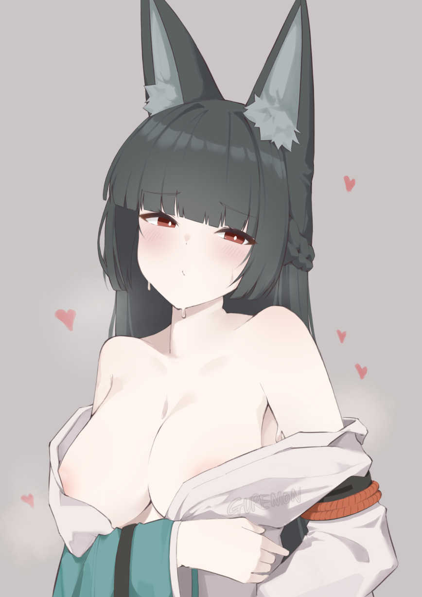 1girl animal_ear_fluff animal_ears artist_name bare_shoulders black_hair blunt_bangs blush breasts collarbone fox_ears fox_girl furrowed_brow grey_background guremon heart highres hoshimi_miyabi large_breasts long_hair looking_at_viewer off_shoulder paid_reward_available red_eyes sidelocks simple_background solo sweatdrop upper_body zenless_zone_zero