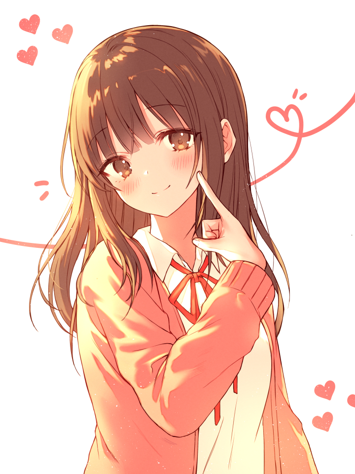 1girl blush brown_cardigan brown_eyes brown_hair cardigan collared_shirt female_focus hand_up heart index_finger_raised kh_(kh_1128) long_hair long_sleeves looking_at_viewer neck_ribbon open_cardigan open_clothes original red_ribbon ribbon school_uniform shirt sidelocks simple_background smile solo upper_body white_background white_shirt