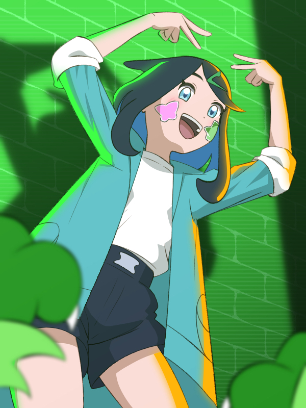 1girl :d aqua_jacket arms_up black_hair black_shorts blurry blurry_foreground brick_wall colored_inner_hair commentary_request cowlick creatures_(company) double_v floragato game_freak hair_ornament hairclip happy jacket liko_(pokemon) msr_(dmvh2384) multicolored_hair nintendo open_clothes open_jacket open_mouth pokemon pokemon_(anime) pokemon_(creature) pokemon_horizons shirt shorts sleeves_past_elbows smile sticker_on_face swept_bangs teeth tongue upper_teeth_only v white_shirt