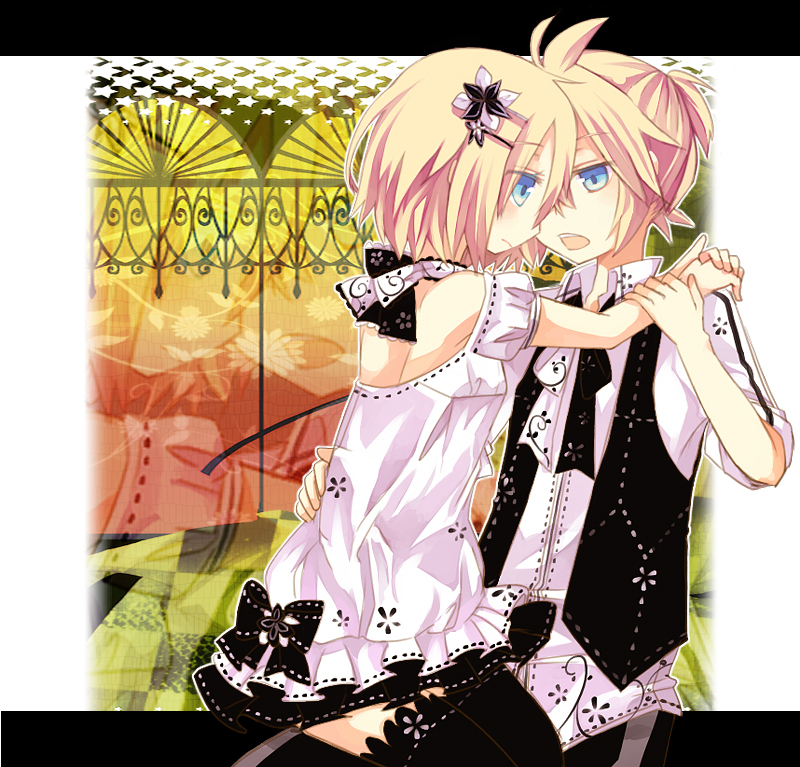 1boy 1girl aruya_(flosrota) blonde_hair blue_eyes brother_and_sister cendrillon_(vocaloid) dress hair_ornament hairclip hetero incest kagamine_len kagamine_rin short_hair siblings twincest twins vocaloid