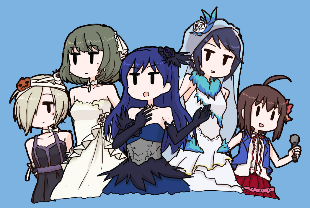 10s 5girls ahoge blonde_hair blue_dress blue_hair dai-oki dress elbow_gloves gloves green_hair hair_over_one_eye idolmaster idolmaster_(classic) idolmaster_cinderella_girls jitome kisaragi_chihaya long_hair mole mole_under_eye multiple_girls shirasaka_koume simple_background skirt takagaki_kaede wakiyama_tamami wakui_rumi white_dress