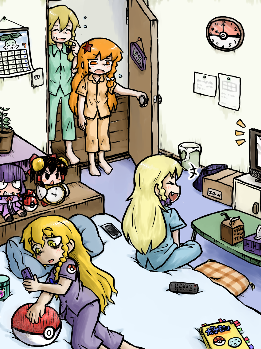 +++ 4girls :d azusa_(cookie) barefoot blonde_hair blue_pants blue_shirt blush bow braid bseibutsu calendar_(object) cellphone character_doll circled_9 clock closed_eyes commentary_request controller cookie_(touhou) creatures_(company) fang full_body game_freak green_pants green_shirt grin hair_bow hair_ornament hakurei_reimu indoors kirisame_marisa long_hair looking_at_another mars_(cookie) milk_carton multiple_girls nintendo on_bed open_mouth orange_eyes orange_hair orange_pants orange_shirt pants patchouli_knowledge phone pillow plant poke_ball pokemon poster_(object) potted_plant purple_bow purple_pants purple_shirt red_star rei_(cookie) remote_control reu_daikon sakenomi_(cookie) shirt side_braid single_braid sitting smartphone smile standing star_(symbol) star_hair_ornament taisa_(cookie) touhou trash_can uzuki_(cookie) van_houten wall_clock yellow_eyes