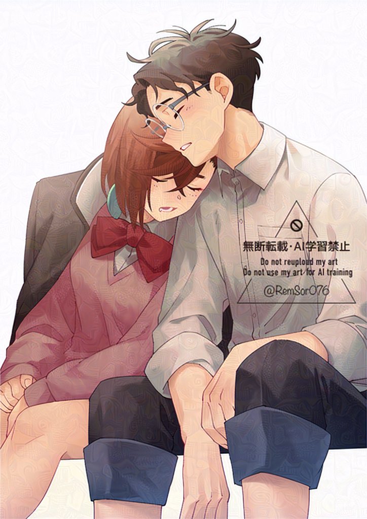 1boy 1girl artist_name ayase_momo black_hair blush brown_hair copyright_request couple dandadan glasses pink_sweater remsor076 round_eyewear school_uniform signature sleeping sweater takakura_ken_(dandadan) twitter_username