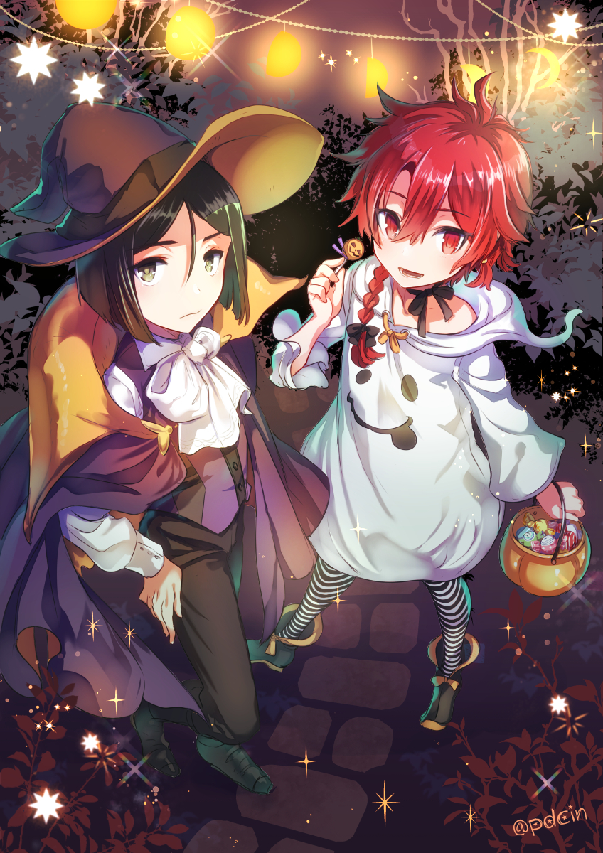 2boys ahoge alexander_(fate) black_bow black_footwear black_hair blunt_ends bob_cut boots bow bow_choker bowtie braid candy cape choker closed_mouth collared_cape dress fate/grand_order fate_(series) food ghost_costume grey_eyes hair_between_eyes hair_bow hair_over_shoulder halloween halloween_bucket halloween_costume hat high_collar highres holding holding_candy holding_food hooded_dress kawasemi_(pocorit) lollipop long_sleeves looking_at_viewer male_focus multiple_boys night open_mouth outdoors pants purple_cape red_eyes red_hair single_braid sparkle standing string_of_light_bulbs striped_leggings trap twitter_username vest waver_velvet white_bow white_bowtie white_dress witch_hat