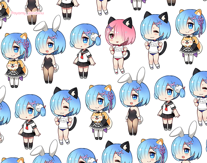 10s 2girls :3 :d animal_ears ayami black_footwear black_legwear black_leotard black_sailor_collar black_skirt blue_eyes blue_hair blush_stickers brown_legwear buruma cat_ears cat_tail closed_mouth dog dog_ears dog_tail facing_viewer fake_animal_ears gym_uniform hair_ornament hair_over_one_eye hairclip legs_together leotard looking_at_viewer maid multiple_girls multiple_views name_tag open_mouth pantyhose pink_eyes pink_hair playboy_bunny pleated_skirt rabbit_ears rabbit_tail ram_(re:zero) re:zero_kara_hajimeru_isekai_seikatsu red_eyes rem_(re:zero) round_teeth sailor_collar school_uniform serafuku shoes short_hair short_sleeves siblings sisters skirt smile socks standing tail teeth triangle_mouth twins twintails twitter_username white_background white_legwear x_hair_ornament