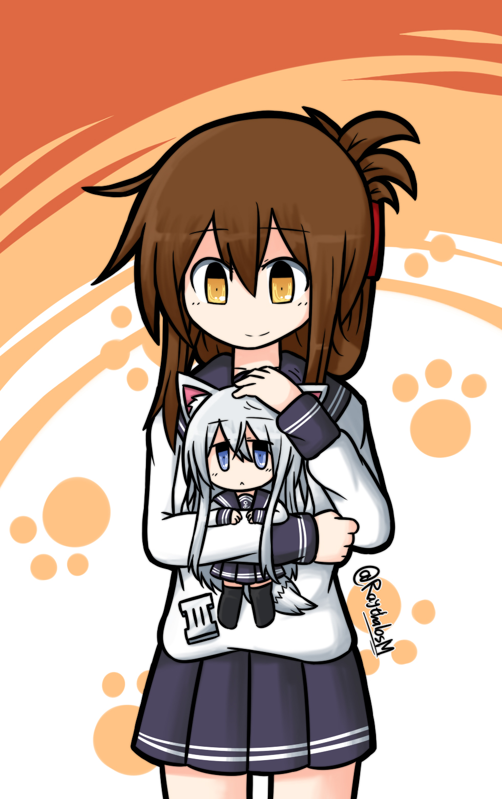 2girls anchor_symbol animal_ears artist_name bare_legs black_skirt blue_eyes brown_hair chibi closed_mouth commentary_request eyebrows folded_ponytail hair_between_eyes headpat hibiki_(kancolle) highres holding inazuma_(kancolle) kantai_collection kemonomimi_mode long_hair long_sleeves mini_person minigirl multiple_girls paw_print pleated_skirt raythalosm school_uniform serafuku shirt sidelocks silver_hair skirt smile tail twitter_username very_long_hair white_shirt yellow_eyes