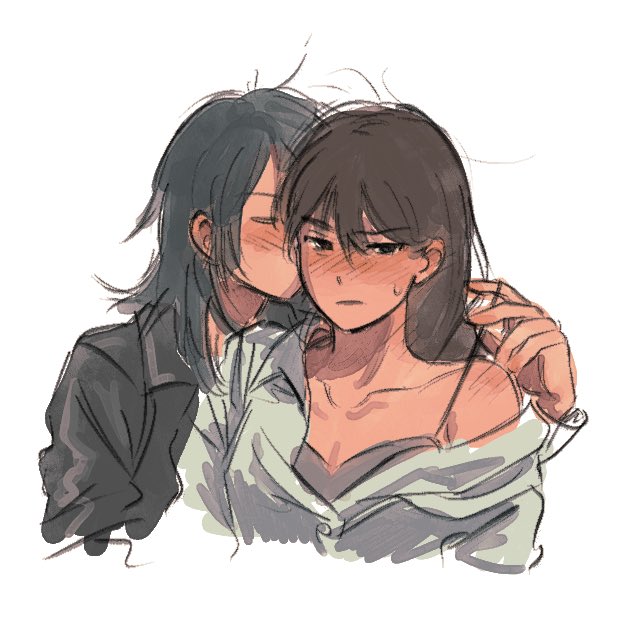 2girls 6w6uwu bang_dream! bang_dream!_it&#039;s_mygo!!!!! black_hair black_jacket blush bra brown_hair closed_eyes commentary_request grey_bra jacket kiss kissing_cheek korean_commentary long_hair multiple_girls off_shoulder parted_lips shiina_taki shirt simple_background underwear upper_body white_background white_shirt yahata_umiri yuri