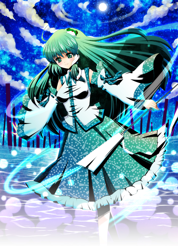 1girl bad_id bad_pixiv_id cloud detached_sleeves female_focus gohei green_eyes green_hair kochiya_sanae matching_hair/eyes moon narumi_yuzurai onbashira oonusa sky solo star_(sky) starry_sky touhou water