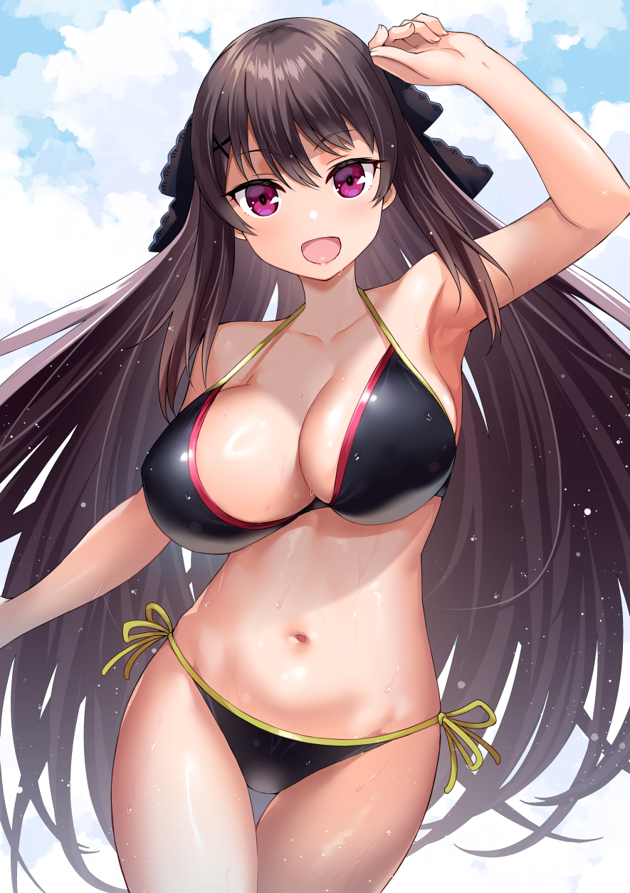 1girl ao_no_kanata_no_four_rhythm bare_shoulders bikini black_bikini blush breasts brown_hair cleavage hair_ribbon highres large_breasts long_hair looking_at_viewer ono_misao open_mouth purple_eyes ribbon smile solo swimsuit thighs tobisawa_misaki