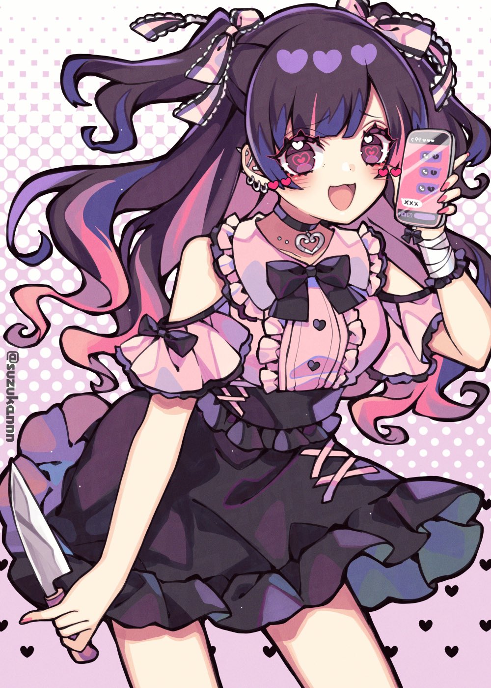 1girl :d black_bow black_bowtie black_choker black_skirt blush bow bowtie brown_hair cellphone center_frills choker clothing_cutout colored_inner_hair ear_piercing frilled_shirt frilled_shirt_collar frills hair_ribbon heart heart-shaped_pupils heart_choker highres holding holding_knife holding_phone jirai_kei knife kyouda_suzuka long_hair multicolored_hair open_mouth original phone piercing pink_hair pink_ribbon pink_shirt purple_eyes ribbon shirt shoulder_cutout simple_background skirt smile solo symbol-shaped_pupils white_background