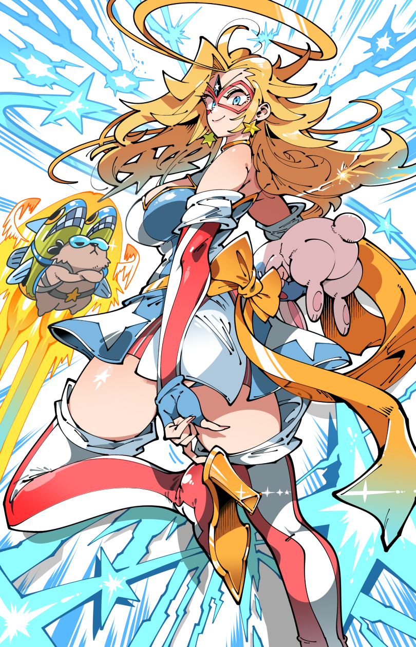 1girl blonde_hair blue_eyes boots breasts capybara carrying cleavage_cutout closed_mouth clothing_cutout dress earrings elbow_gloves eye_mask fingerless_gloves gloves high_heel_boots high_heels highres jetpack jewelry kafun kamen_america kamen_america_(comic) large_breasts leg_up long_hair looking_at_viewer rabbit smile star_(symbol) star_earrings thigh_boots u.s.a.-g.i. v-shaped_eyebrows